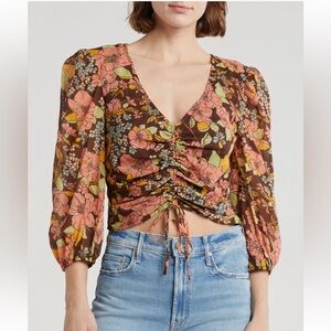 MOTHER Floral Ruched Tie-Front Crop Top — Brown, Pink & Green